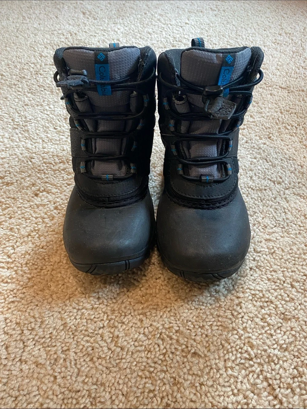 Columbia Kids Black and Gray Waterproof Snow Boots with Blue Accents